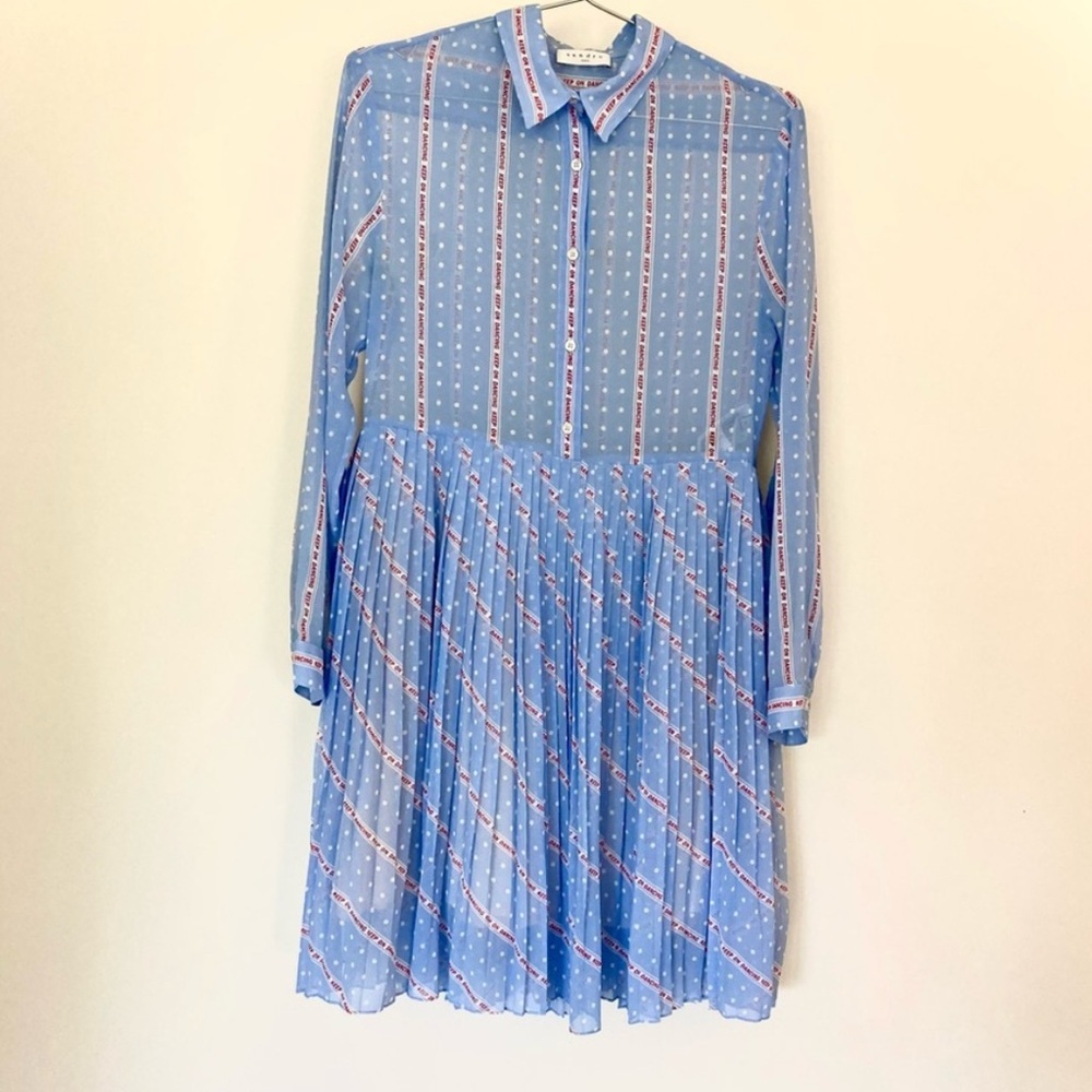 Sandro Paris, size M, blue dress with “keep on dancing” stripes, airy, light.